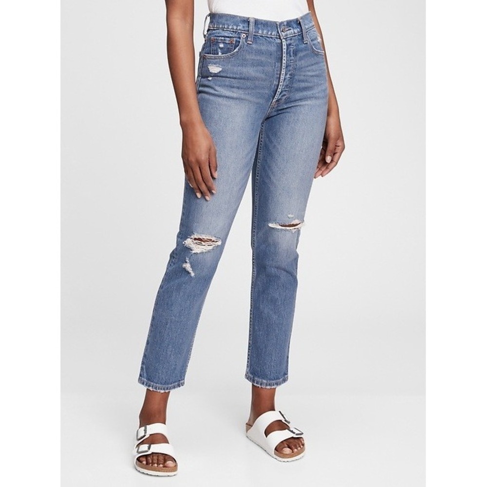 Gap Womens High Rise Cheeky Straight Jeans with Washwell Size 29 Distressed